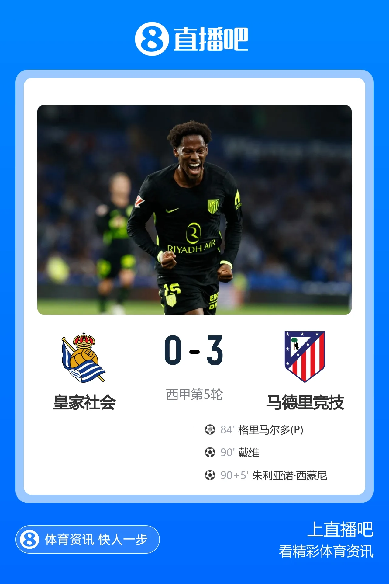 马竞3-0客胜皇家社会 格里马尔多点射戴维建功 西蒙尼破门