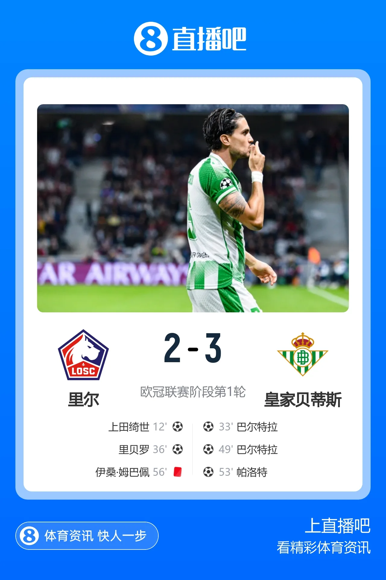 欧冠开门红！贝蒂斯客场3-2逆转十人里尔 伊桑·姆巴佩肘击染红