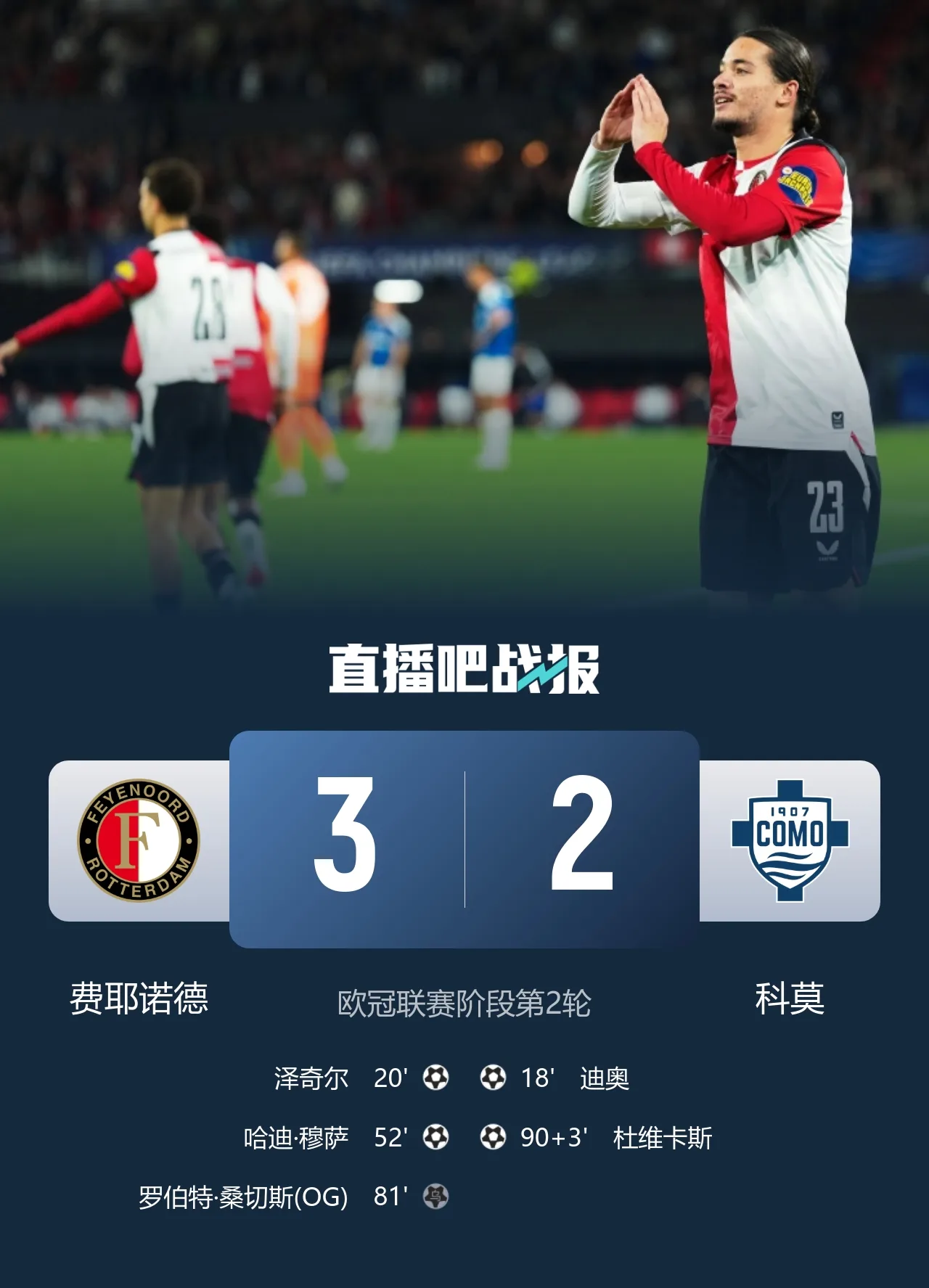 科莫2-3遭费耶诺德逆转 意甲本轮欧冠前3场全败 桑切斯自摆乌龙