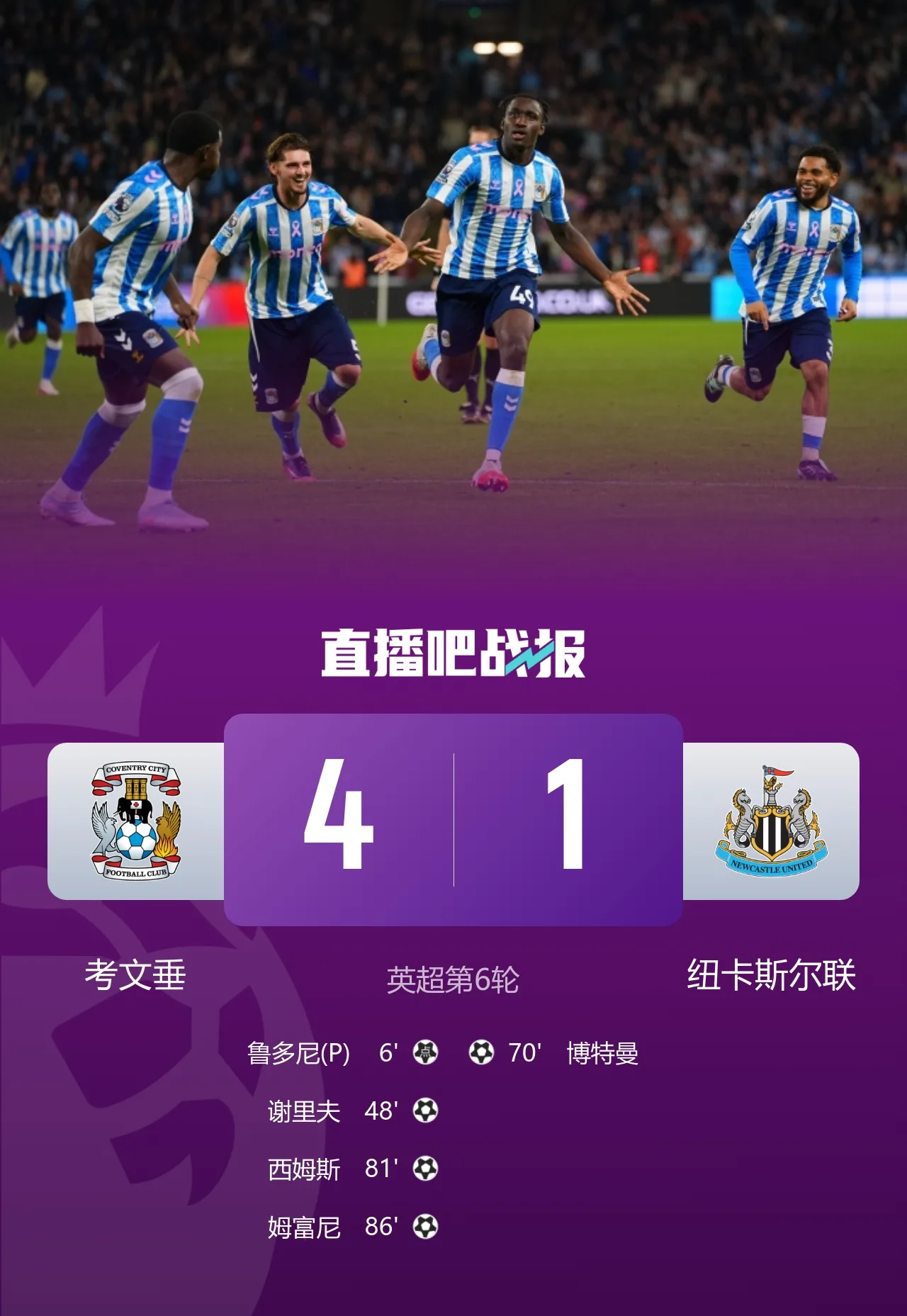 英超-考文垂4-1纽卡 谢里夫破门+造点鲁多尼点射博特曼世界波